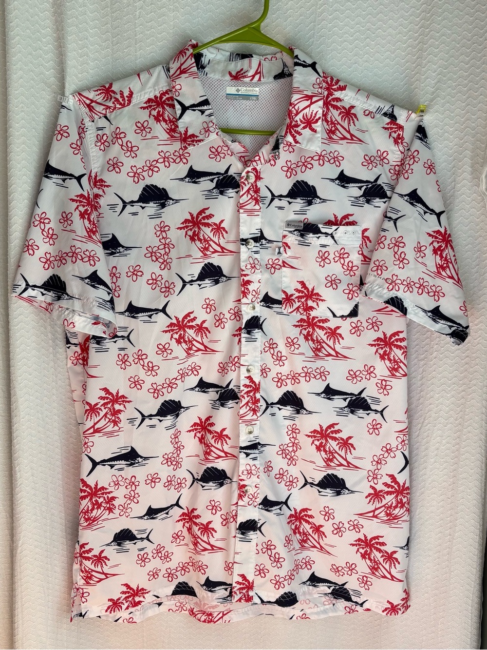 Columbia PFG Performance Marlin & Palm Tree Vented Fishing Shirt.  Large Tall